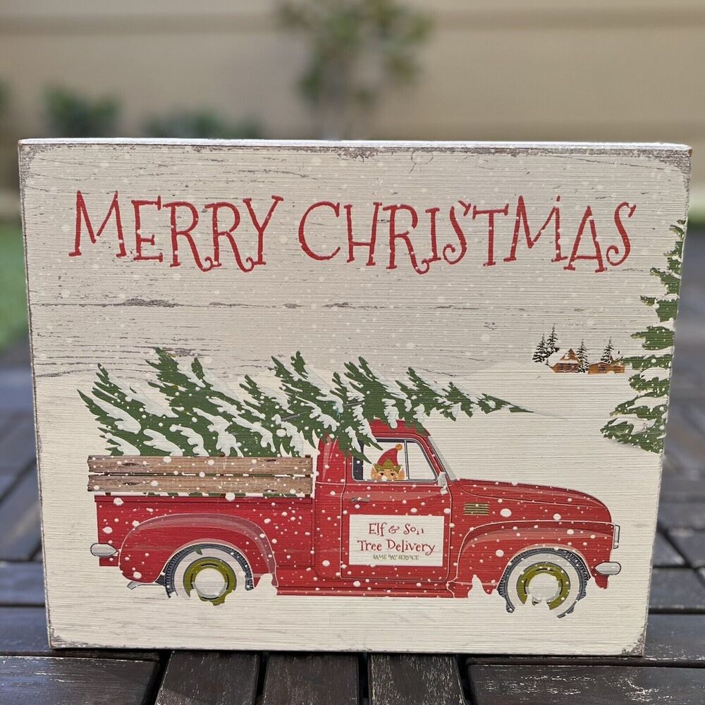 Merry Christmas Farmhouse Wall&Table Decor Elf & Son Tree Delivery VTG Red Truck